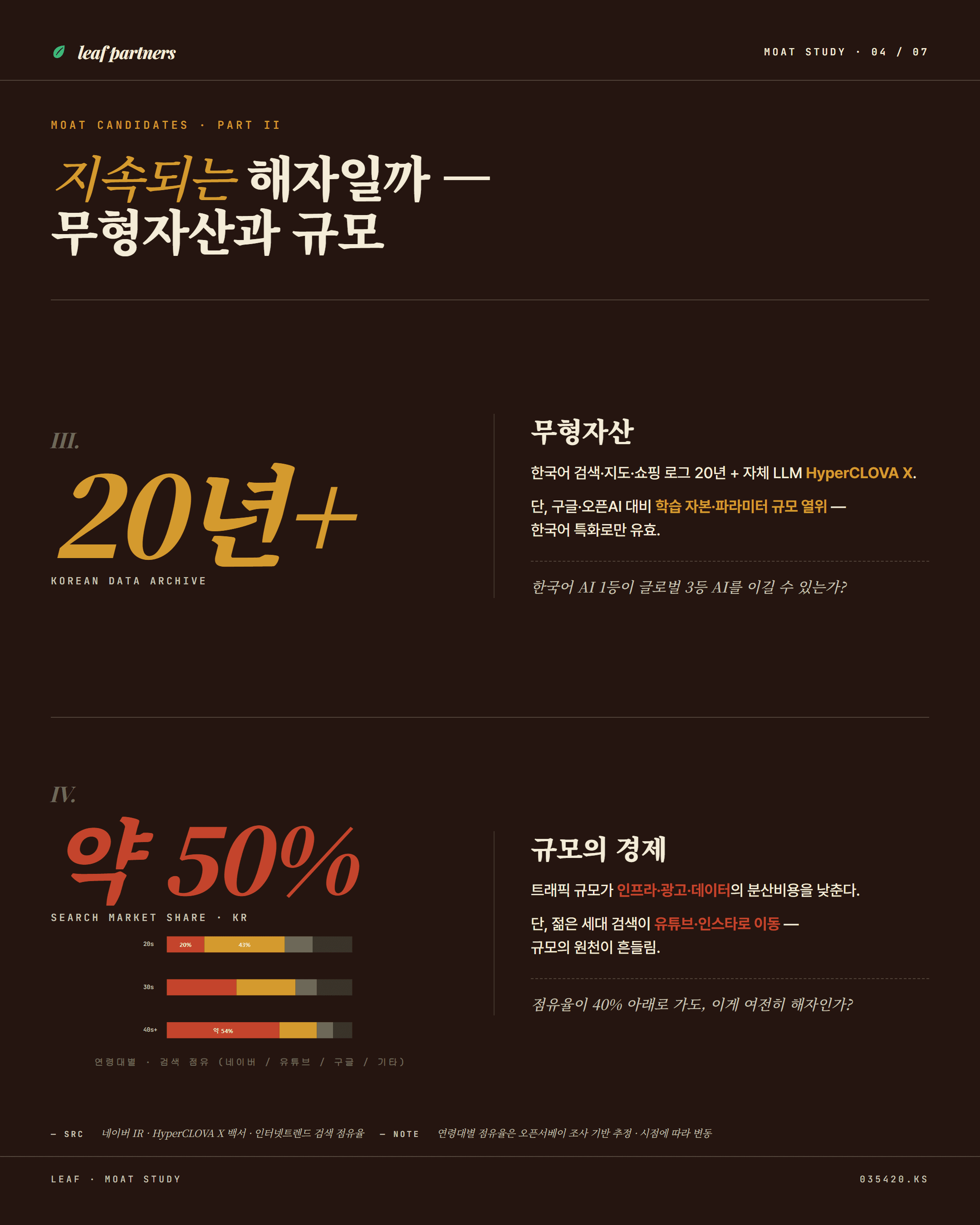 해자 III·IV — 결제·페이 생태계의 전환비용과 콘텐츠 자산의 무형자산 가치.